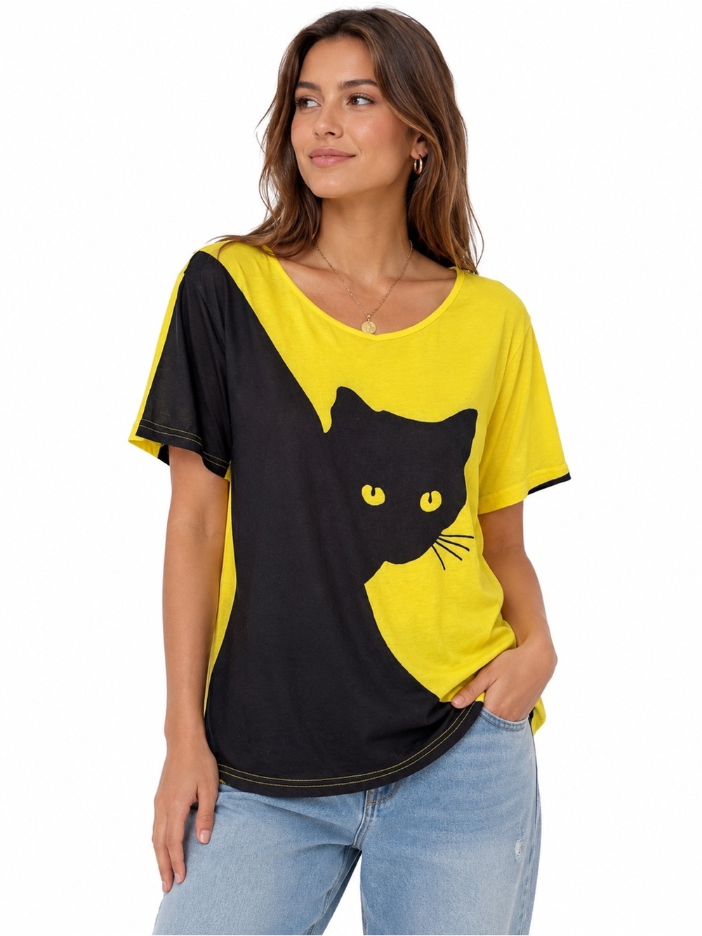 Black Cat Graphic Top Size Large Yellow Novelty Tee Cute Halloween Goth Kawaii